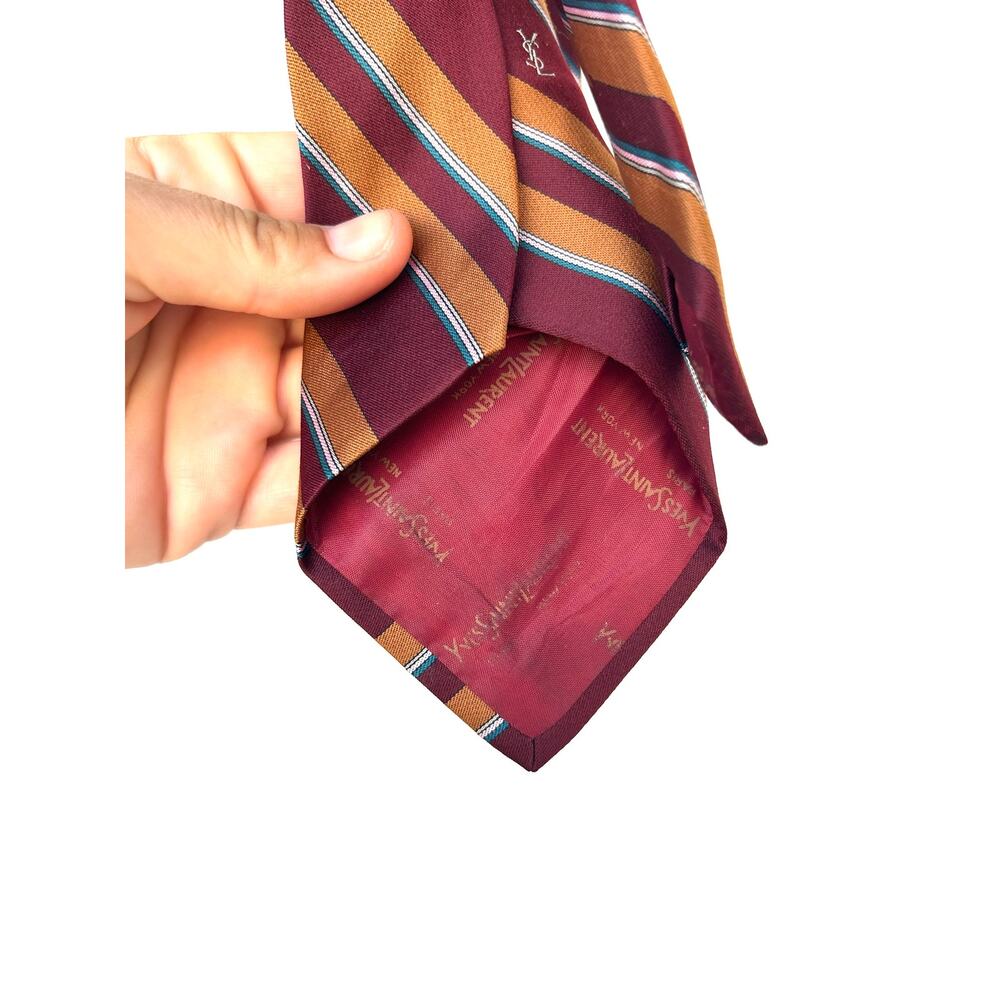 Yves Saint Laurent Cassandre YSL Logo Monogram Women’s Red Striped Tie Necktie - Picture 5 of 6
